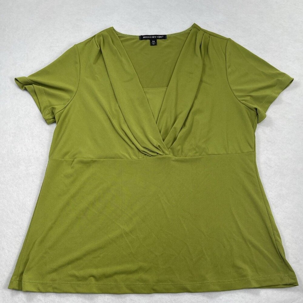 VTG Briggs new york Leaf Green V-neck short sleeve top 1X Stretch Y2K Pleated